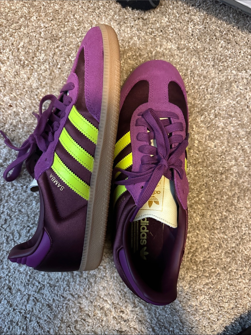 adidas Women Samba Sneakers in Purple with Neon Yellow Stripes
